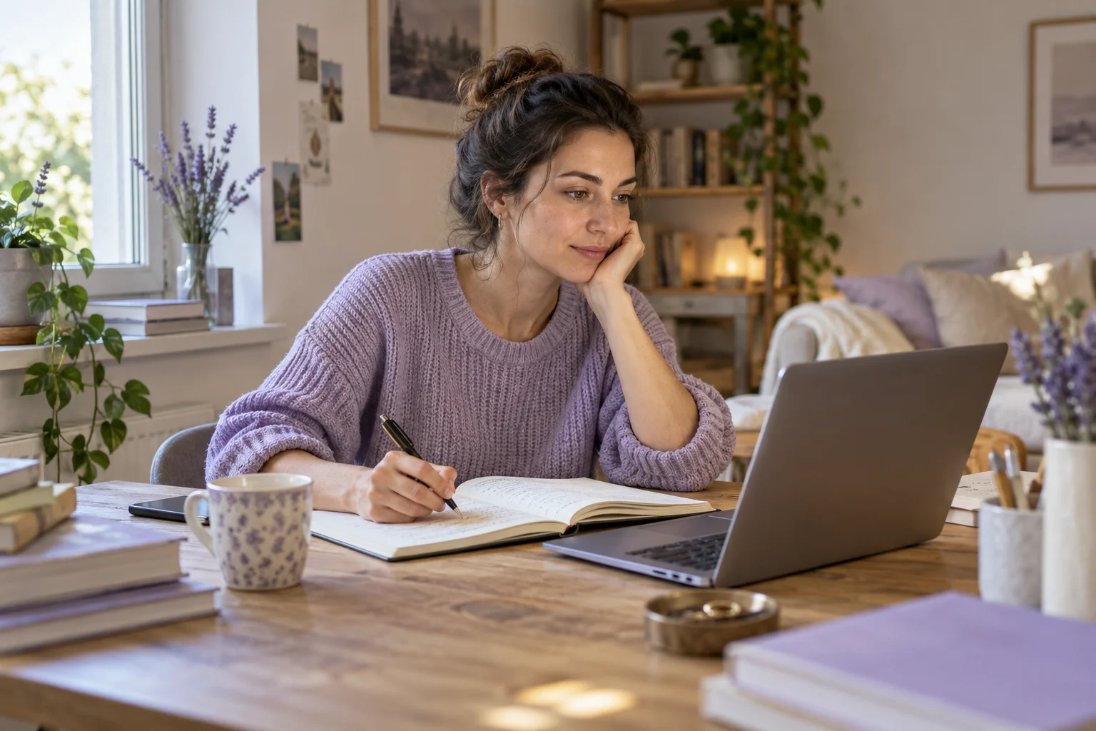 An adult learner studying with a notebook and laptop at home