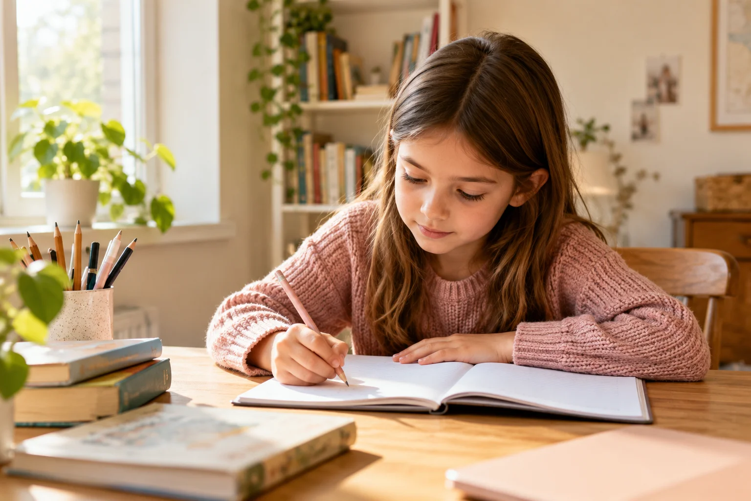 A child writing in a notebook in a bright home study space