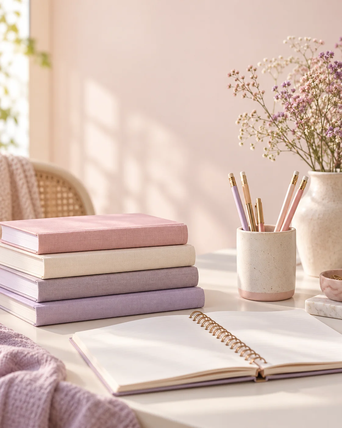 Books, an open notebook, pencils and flowers on a sunlit desk
